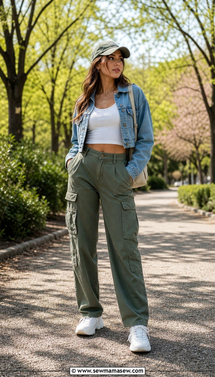 Cropped denim jacket with high waisted cargo pants - 25 spring outfits for long torso women