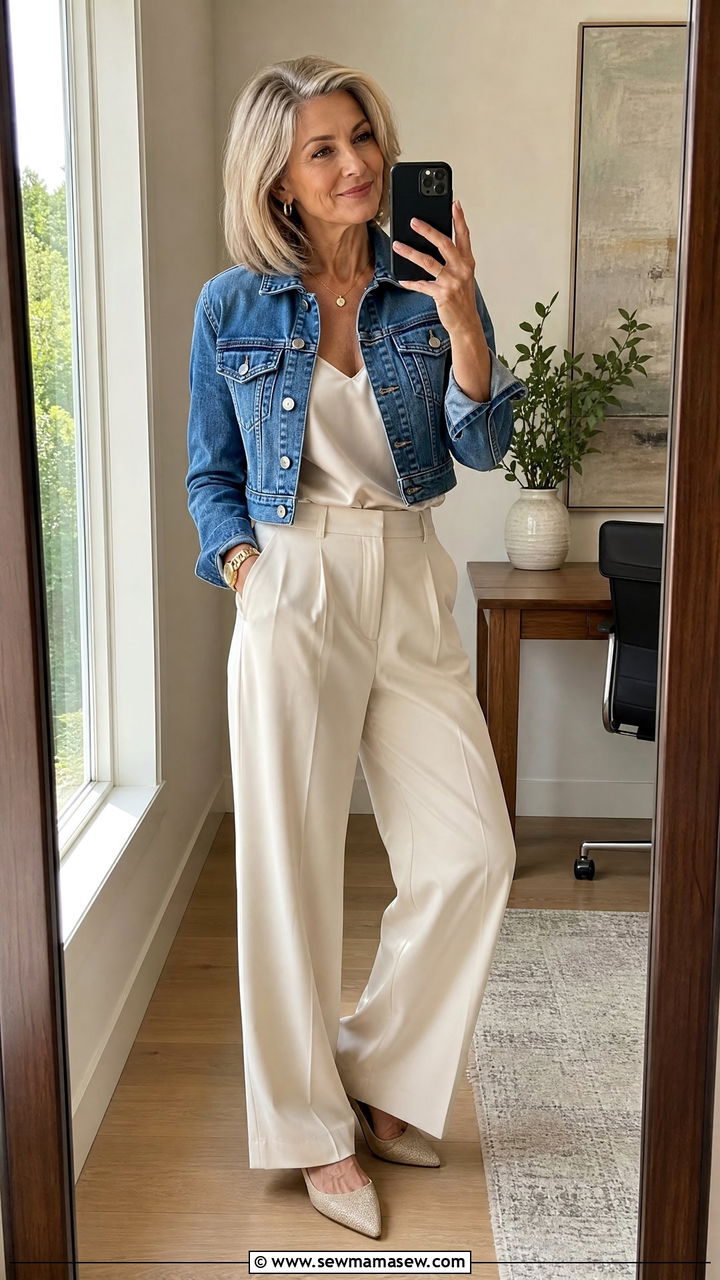 Cropped denim jacket with high waisted wide leg trousers - 25 How to style a denim jacket over 50