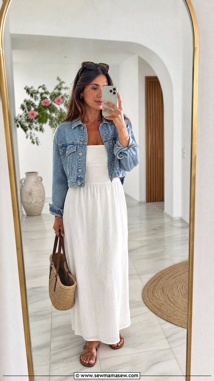 Cropped denim jacket with white maxi dress and flat sandals - 30 Maxi dress outfit ideas with a jacket