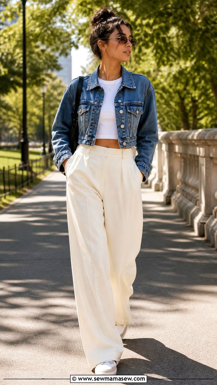 Cropped denim jacket with white tee and wide leg trousers - 40 spring casual outfit ideas