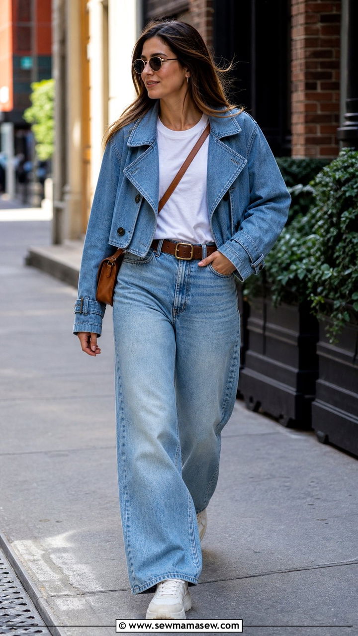Cropped denim trench with denim jeans outfit - 25 cropped trench outfits inspo