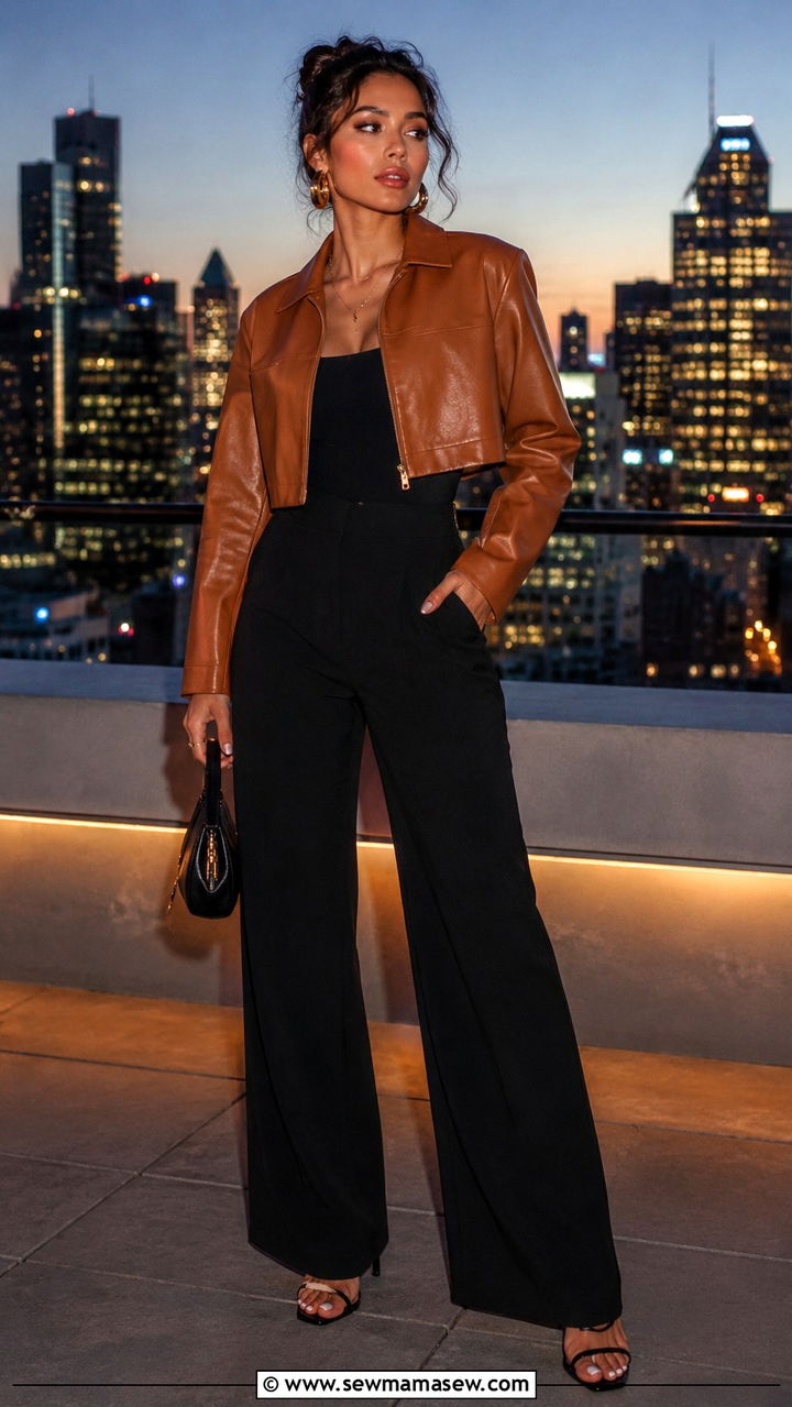 Cropped faux leather jacket with wide leg trousers and heeled sandals - 30 spring city break outfit ideas