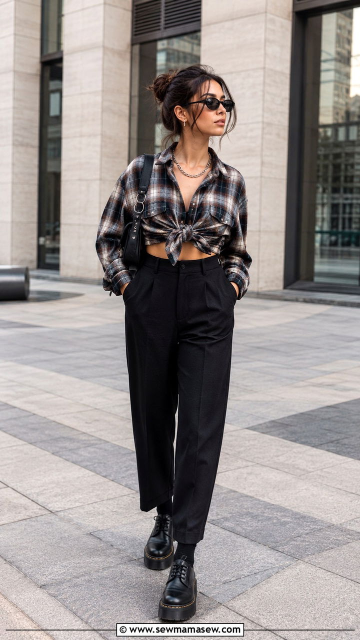 Cropped flannel tied at front with high waisted trousers - 30 grunge outfits to copy