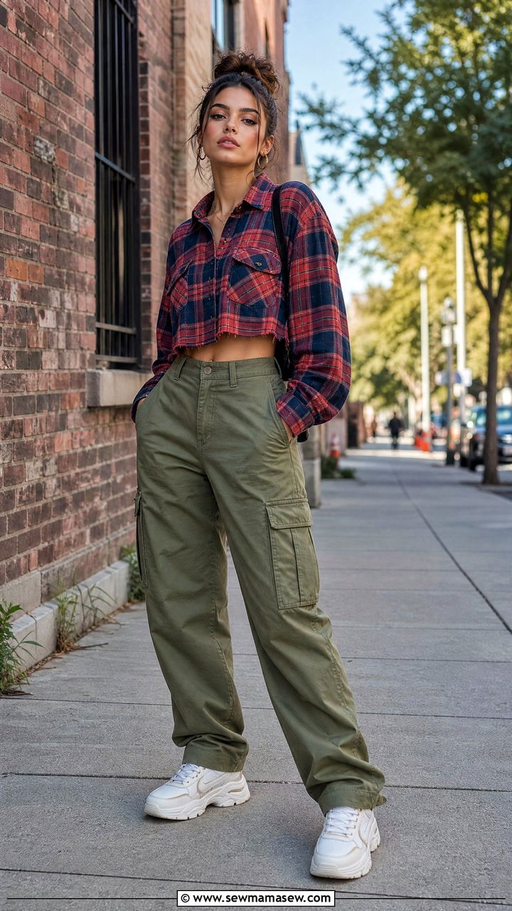 Cropped flannel with cargo pants and sneakers - 35 How to style a flannel shirt