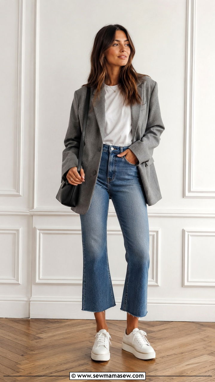 Cropped flare jeans with blazer and sneakers - 30 transitional sneaker outfit ideas