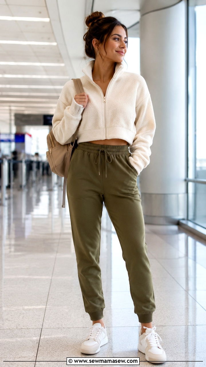 Cropped fleece jacket with high waisted joggers - 30 Loungewear outfit ideas for airport