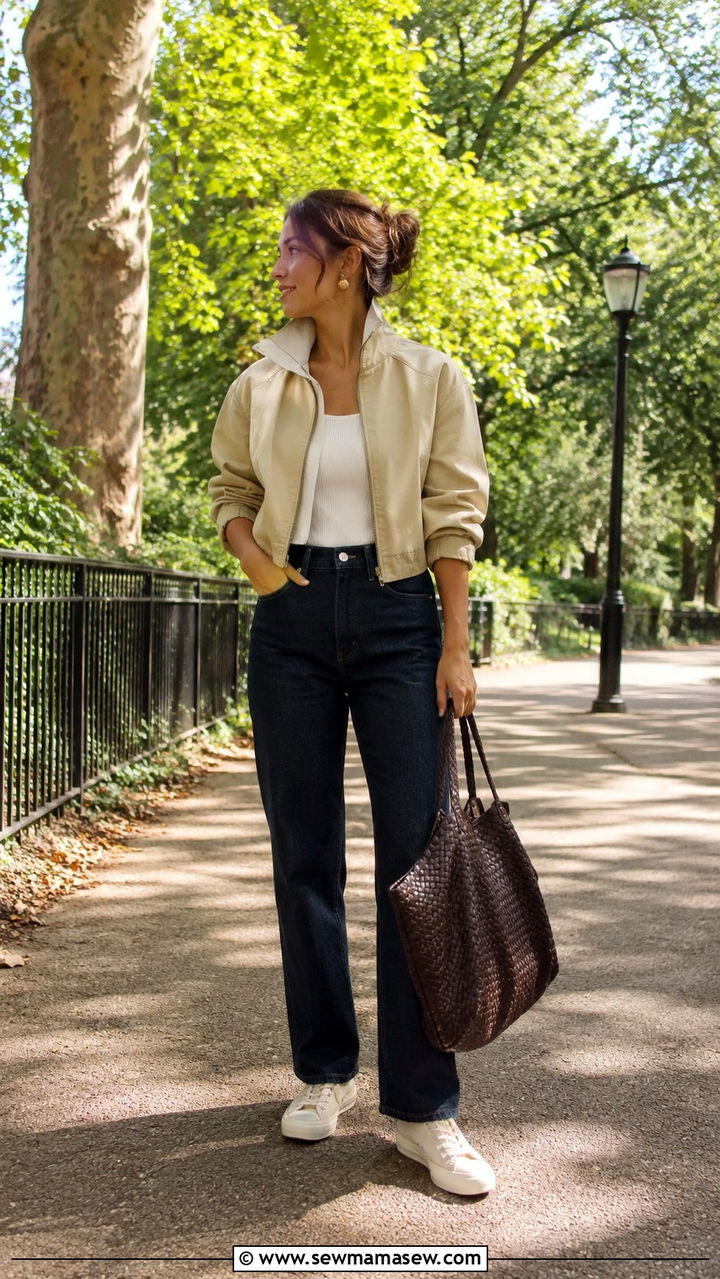 Cropped funnel neck jacket with high waisted denim - 20 Glamoratti outfit ideas funnel neck