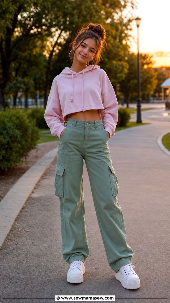 Cropped hoodie and high waisted cargo pants - 25 Cute summer outfits for teens