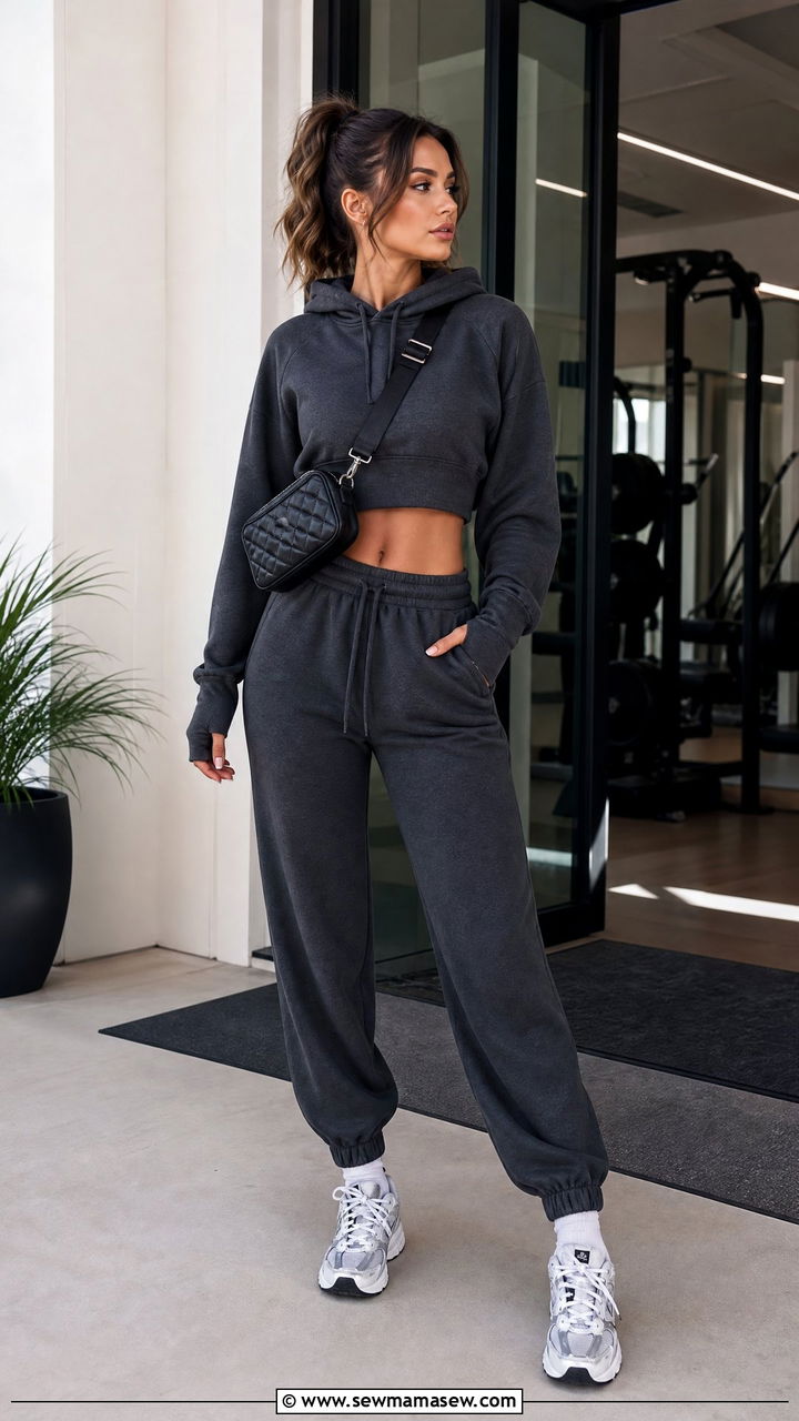 Cropped hoodie and high waisted joggers - 25 Aesthetic gym outfit ideas
