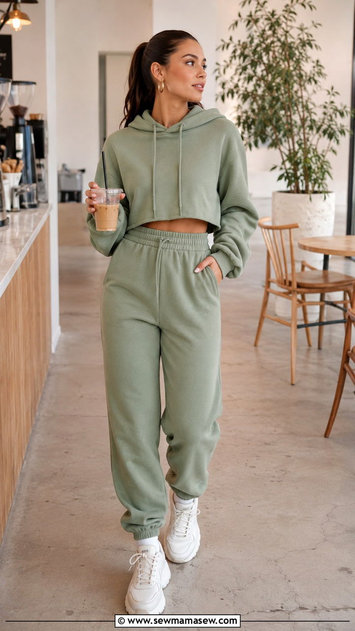 Cropped hoodie and high waisted joggers set - 30 outfit ideas for rectangle body shape