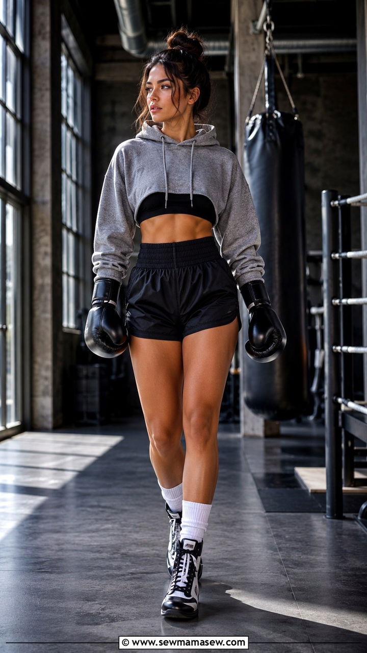 Cropped hoodie and high waisted shorts outfit - 25 Boxing class outfit ideas