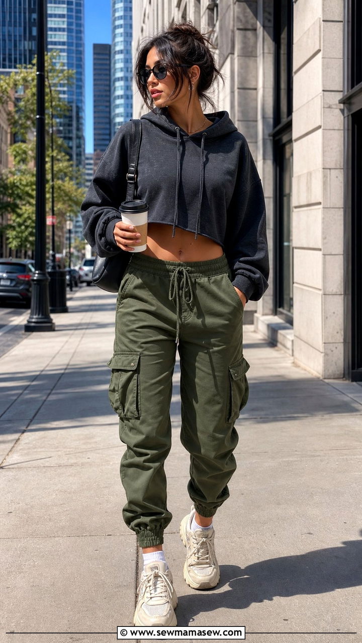 Cropped hoodie with high waisted cargo joggers and dad sneakers - 25 sporty chic outfits aesthetic
