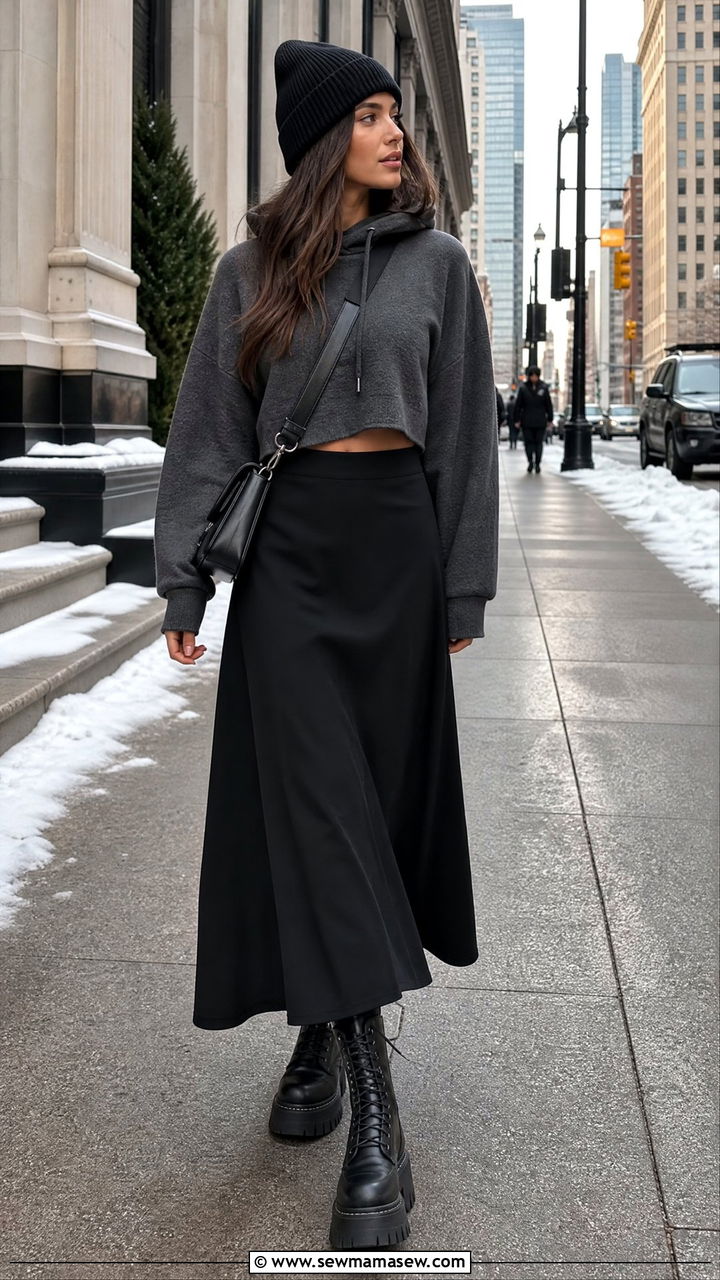 Cropped hoodie with maxi skirt and chunky boots - 35 maxi skirt outfits for women