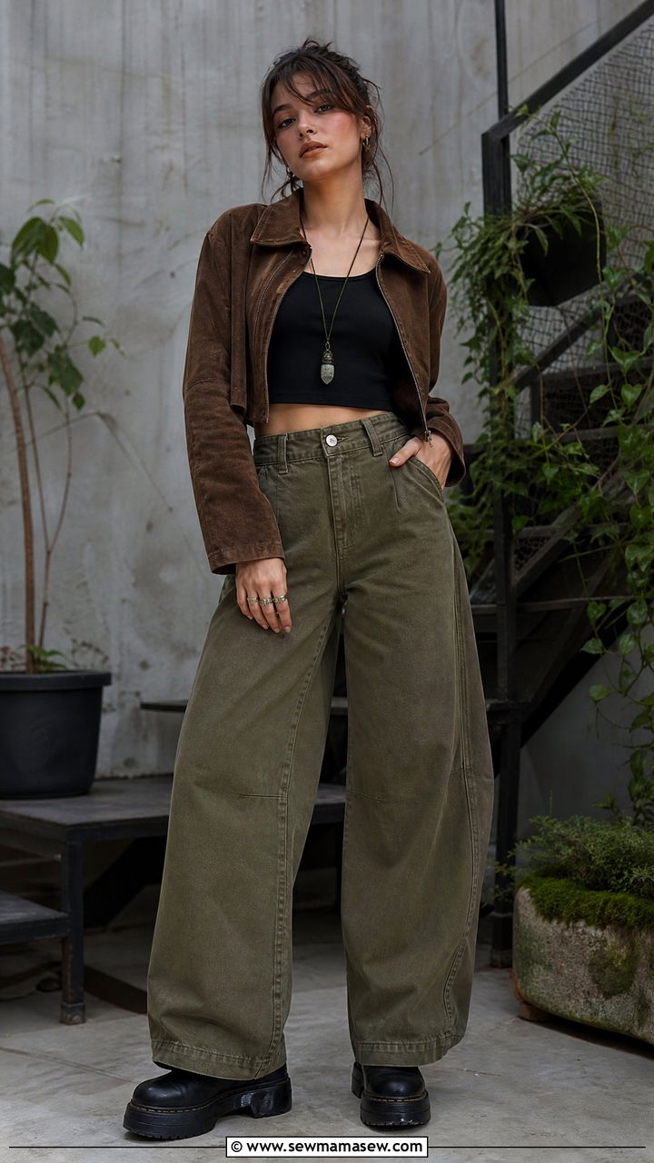 Cropped jacket and high waist wide leg pants with platform boots - 30 Goblincore outfit ideas