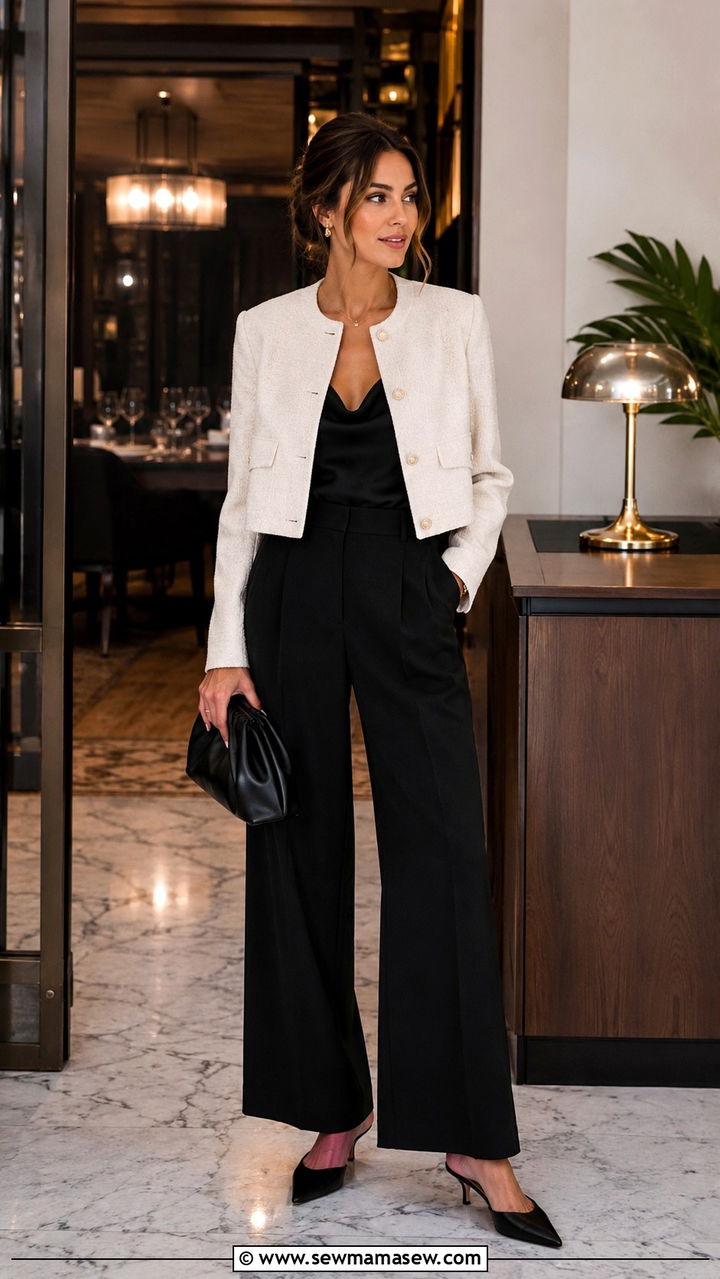 Cropped jacket with high waisted wide leg pants - 30 classy jacket outfits