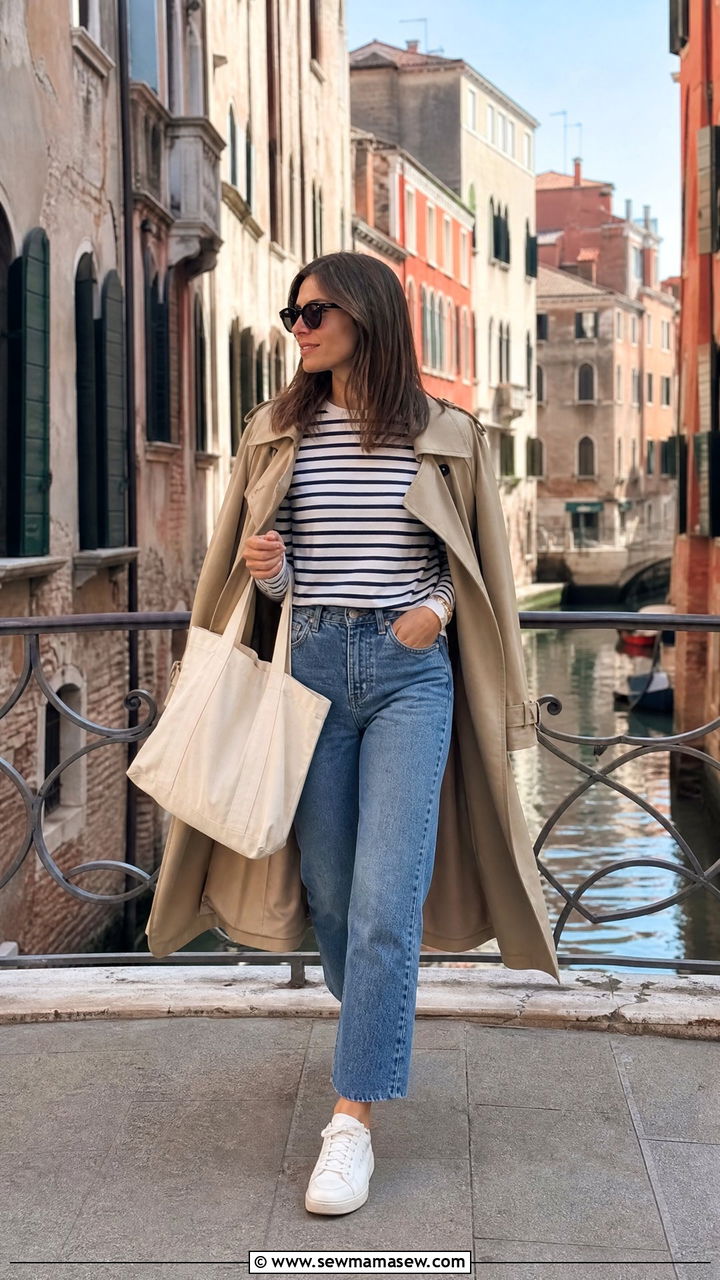 Cropped jeans and striped top with trench coat - 35 Italy spring outfit ideas