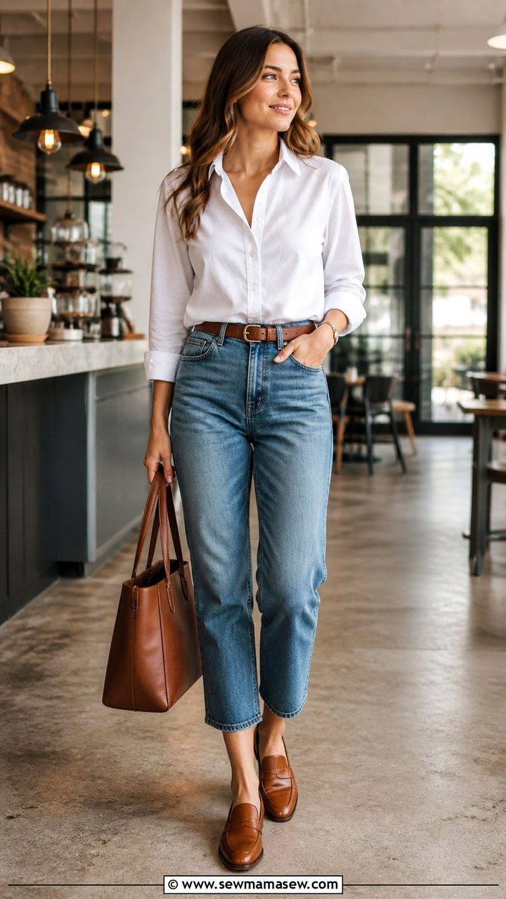 Cropped jeans with button down shirt and loafers - 40 jeans outfits