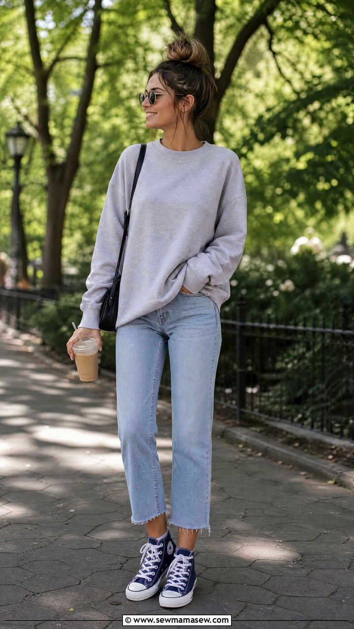 Cropped jeans with high top sneakers and a relaxed sweatshirt - 35 Jeans and sneakers outfit ideas over 40
