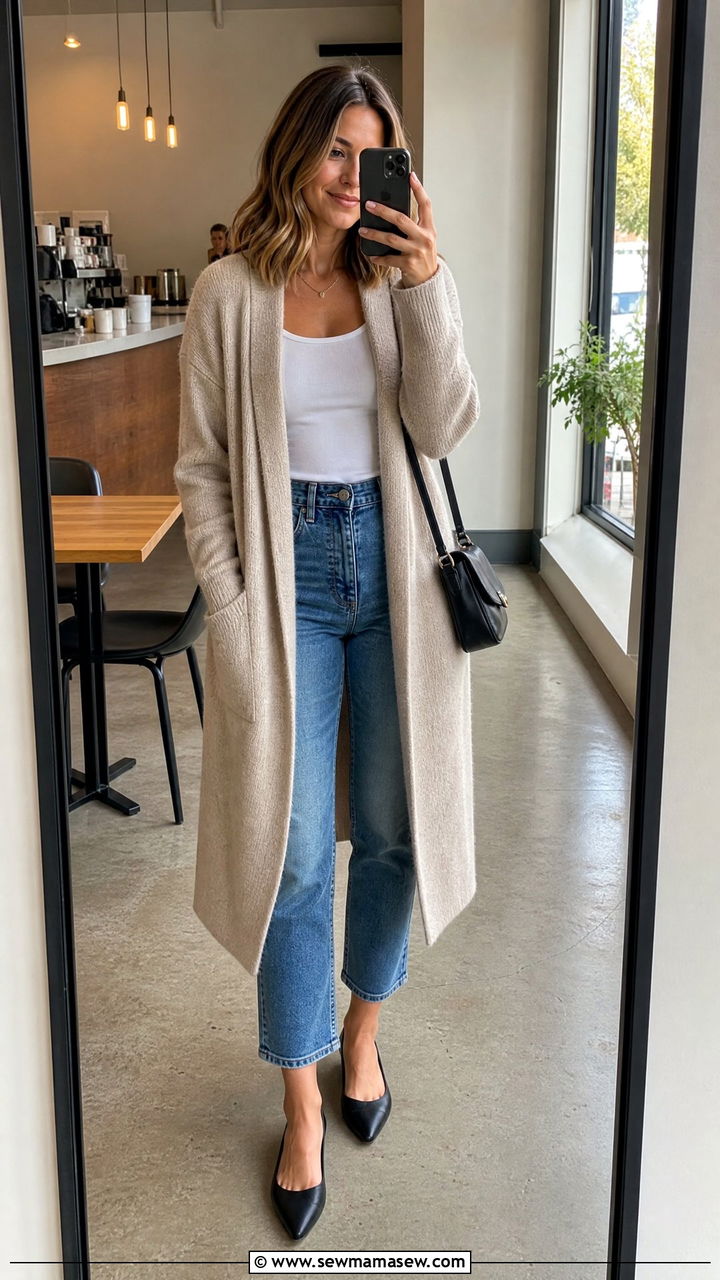 Cropped jeans with pointed toe flats and cardigan - 25 How to style cropped jeans