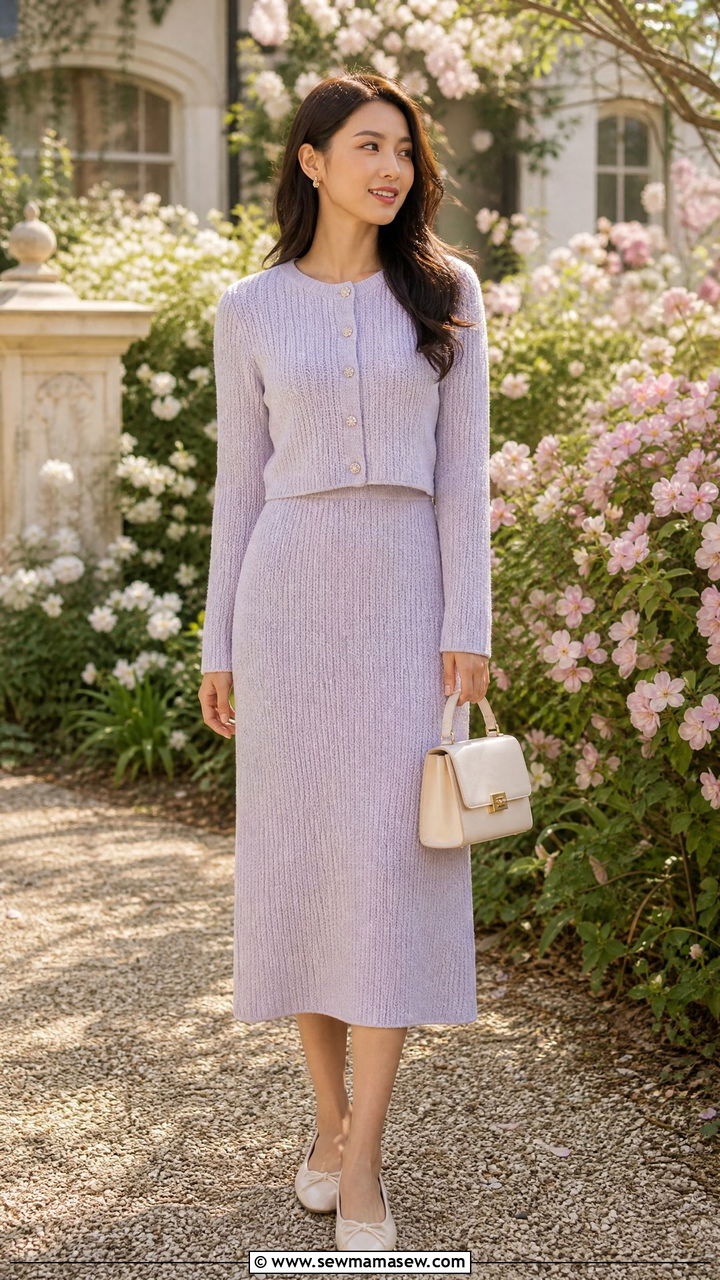 Cropped knit cardigan and midi skirt set - 25 Knit matching set outfit ideas