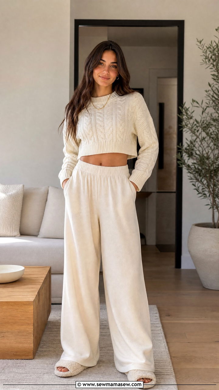 Cropped knit sweater with wide leg lounge pants - 35 Hygge loungewear outfit ideas