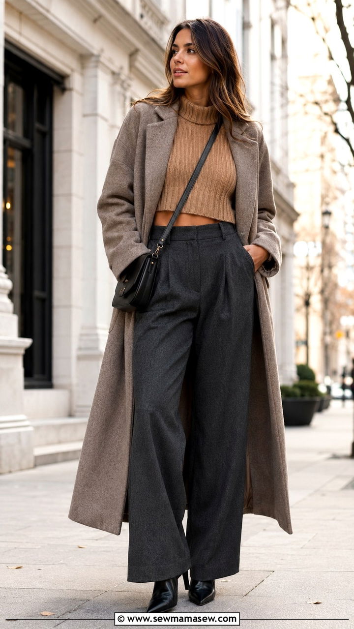 Cropped knit sweater with wool wide leg pants and ankle boots - 25 Wide leg pants outfit ideas with a crop top