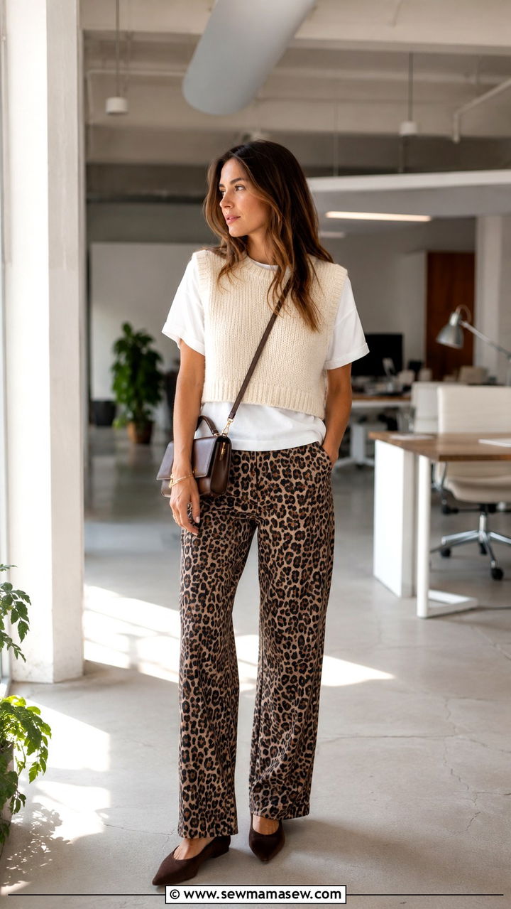 Cropped knit vest with animal print trousers - 30 Playful spring outfit ideas