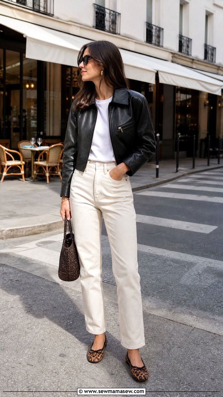 Cropped leather jacket and ecru jeans - 35 Layering outfits for changing weather