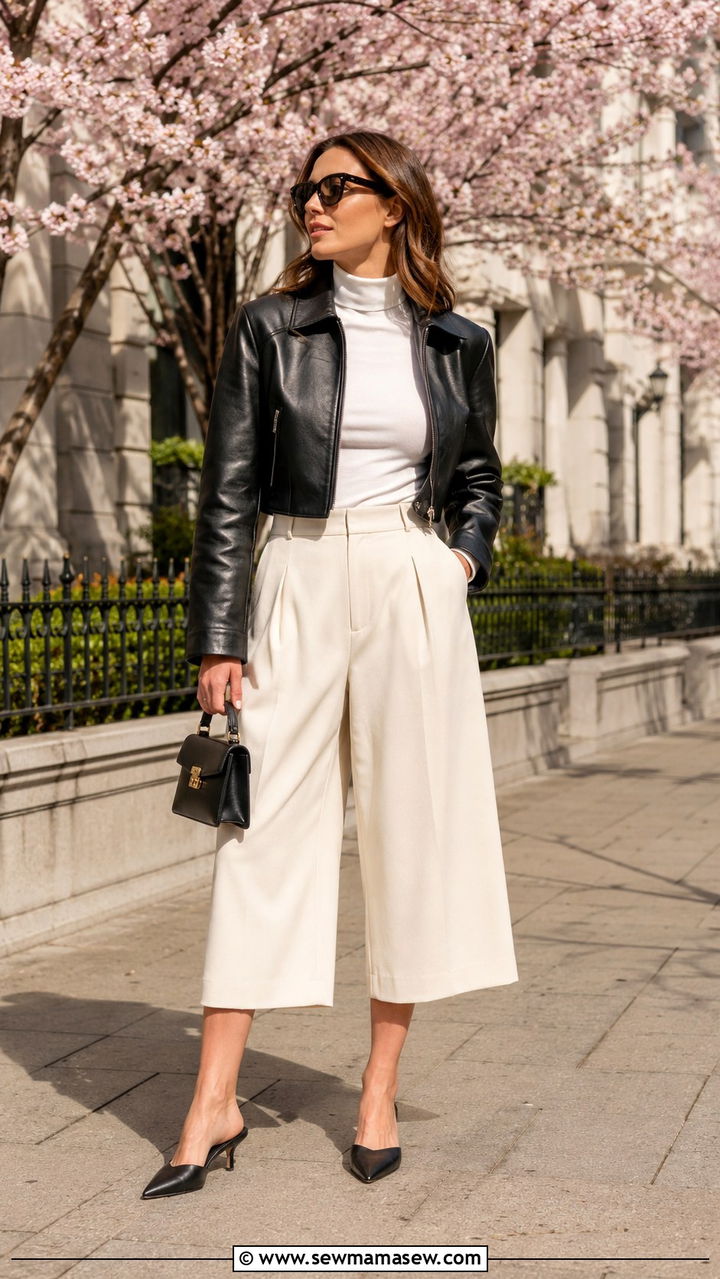 Cropped leather jacket with culottes - 30 Spring outfits with leather jackets