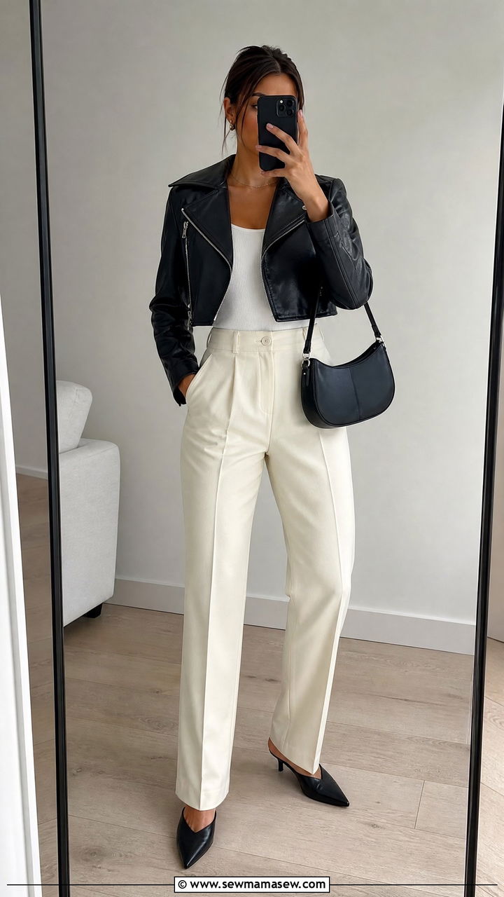 Cropped leather jacket with high waisted pants - 35 How to style a leather jacket
