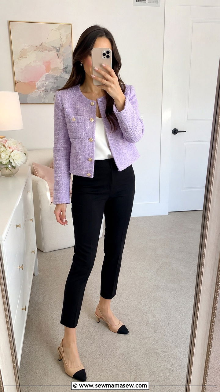 Cropped pastel tweed jacket with slim ankle pants and slingbacks - 30 Spring outfit ideas for work from home