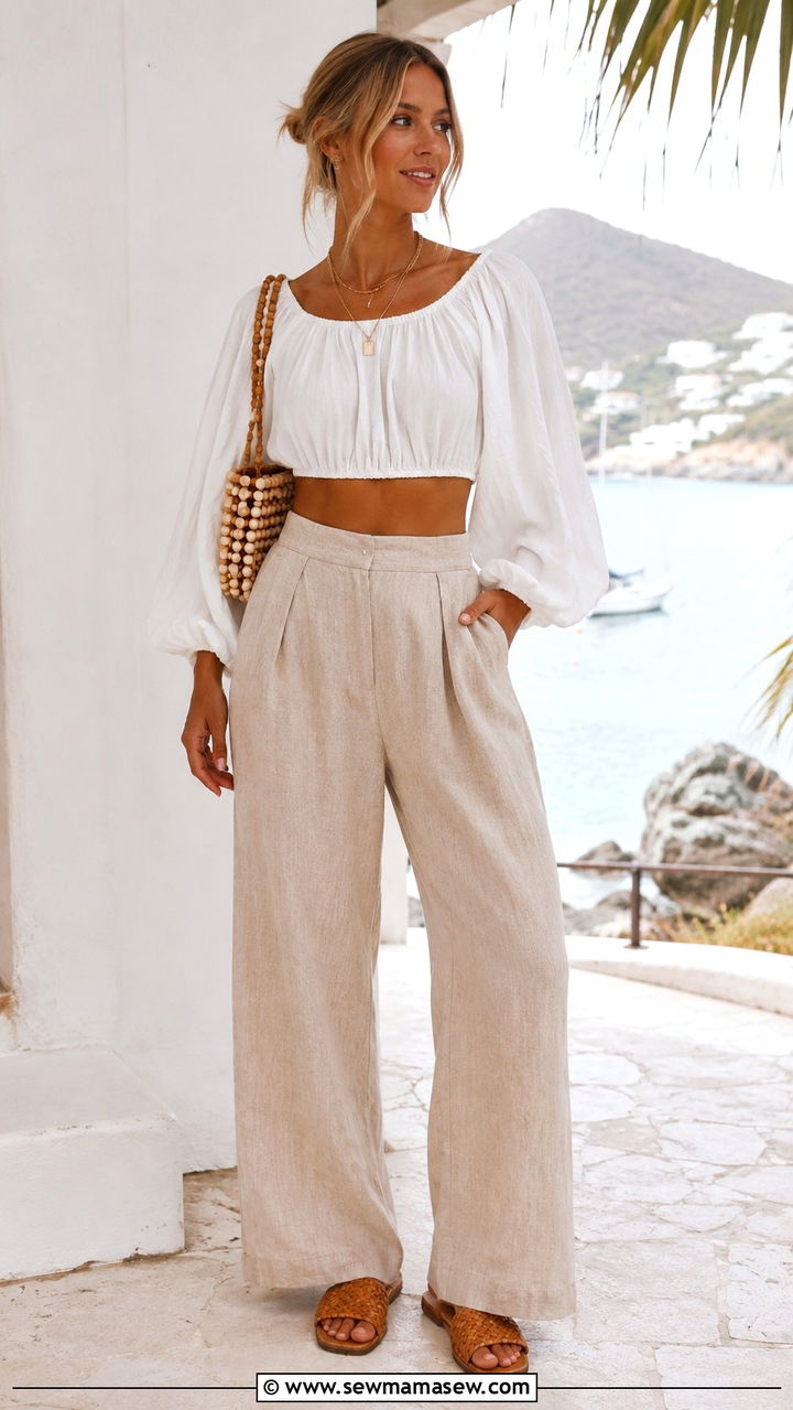 Cropped peasant top with wide leg linen pants and woven slides - 25 Wide leg pants outfit ideas with a crop top