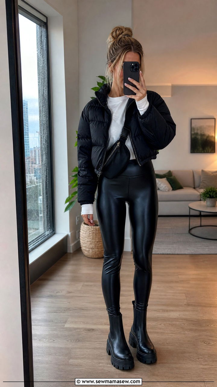 Cropped puffer jacket with faux leather leggings - 30 Cozy rainy day outfit ideas