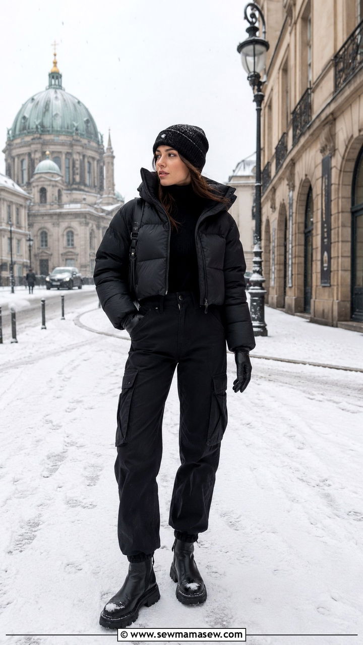 Cropped puffer jacket with high rise cargo pants - 25 Petite outfit ideas for Europe