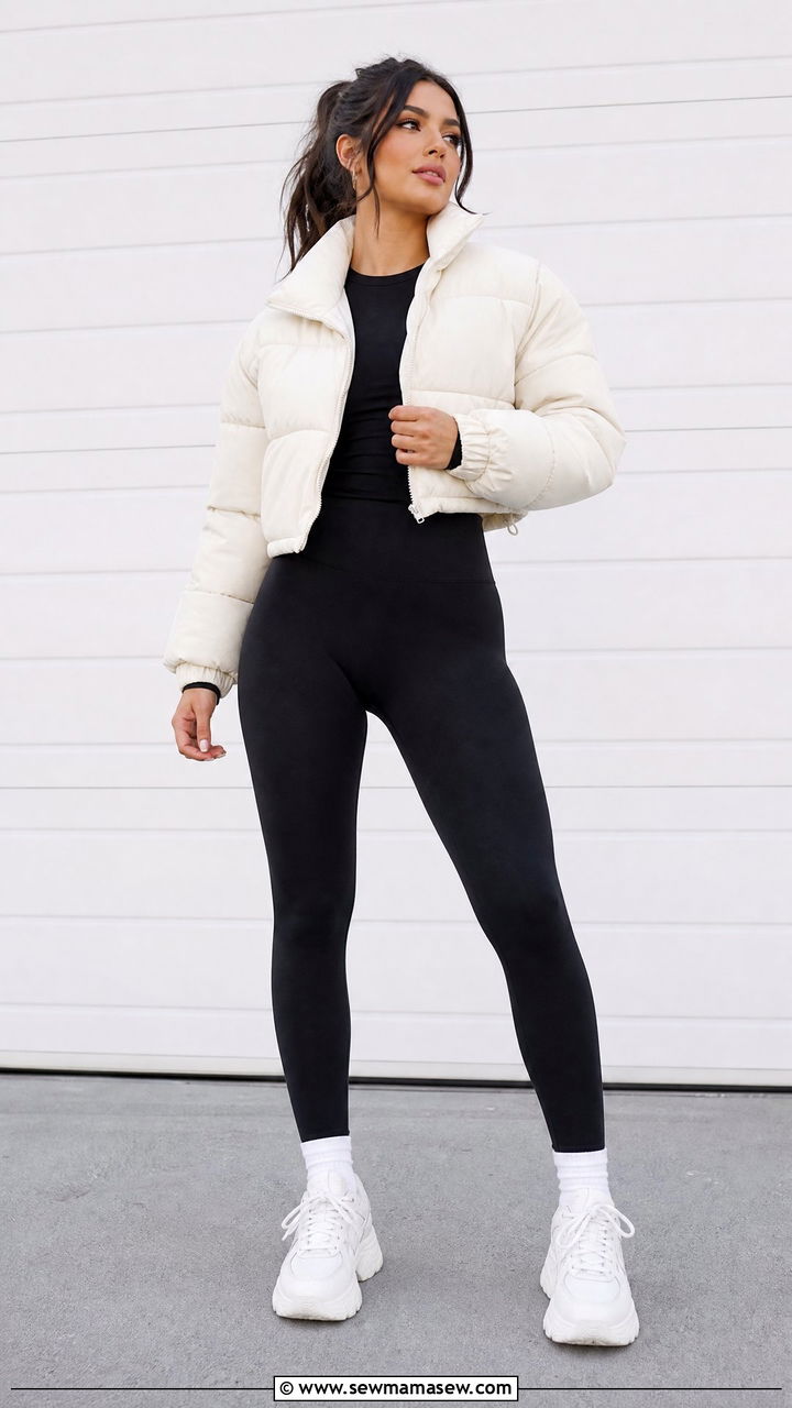 Cropped puffer jacket with high waisted leggings and chunky sneakers - 30 First cold day outfits