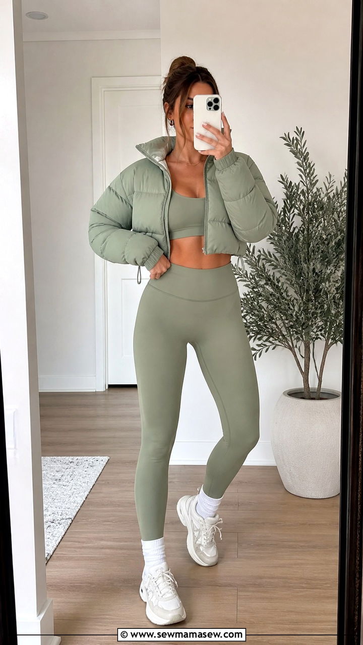 Cropped puffer jacket with matching leggings set - 40 Puffer jacket outfit ideas