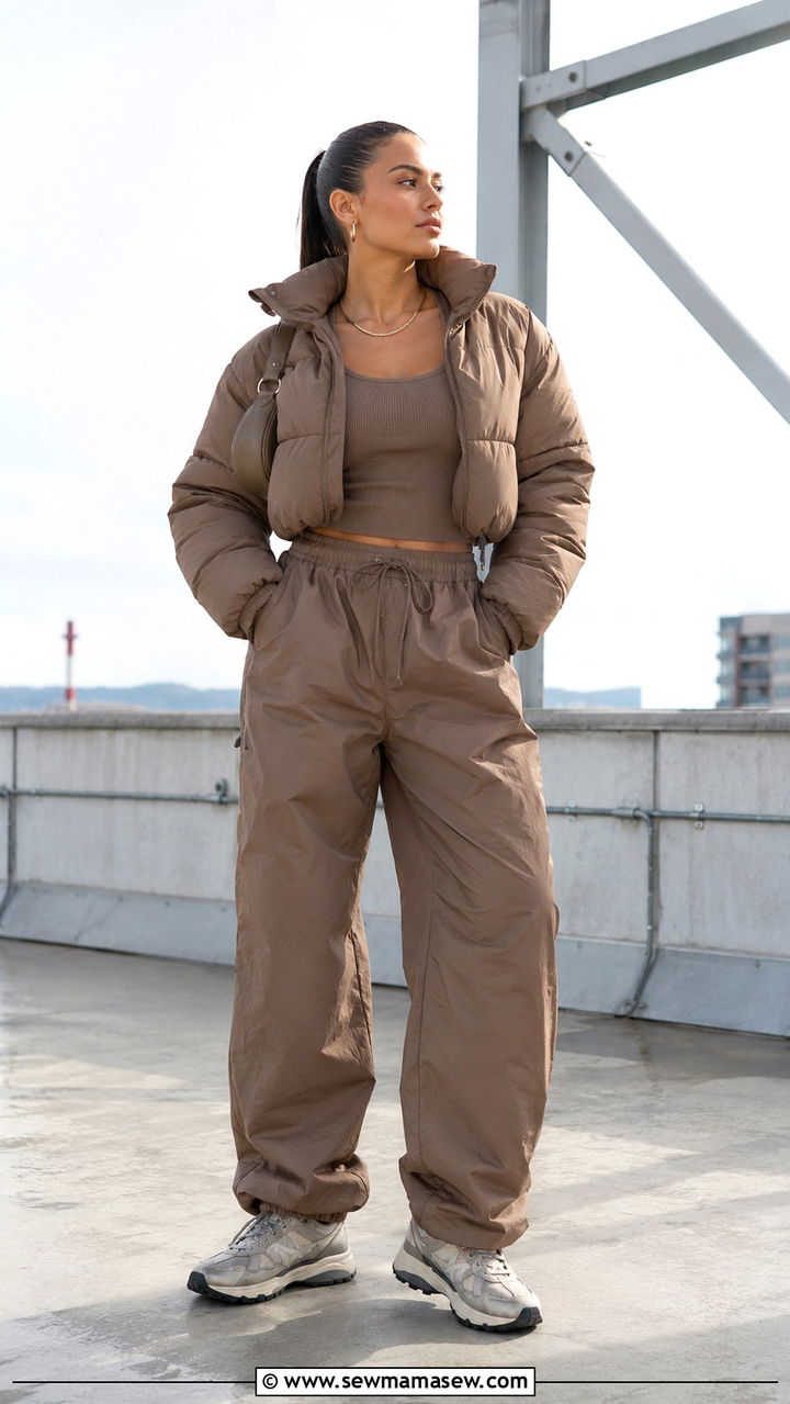 Cropped puffer jacket with parachute pants outfit - 30 How to style a puffer jacket