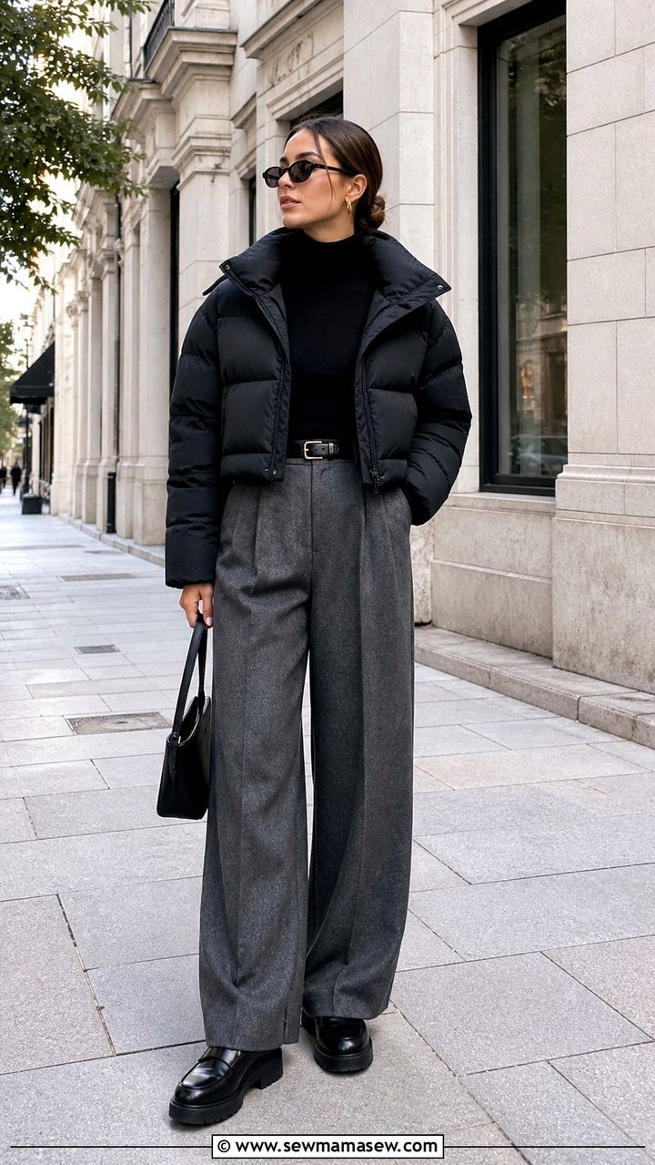 Cropped puffer jacket with wide leg trousers and loafers - 40 Puffer jacket outfit ideas