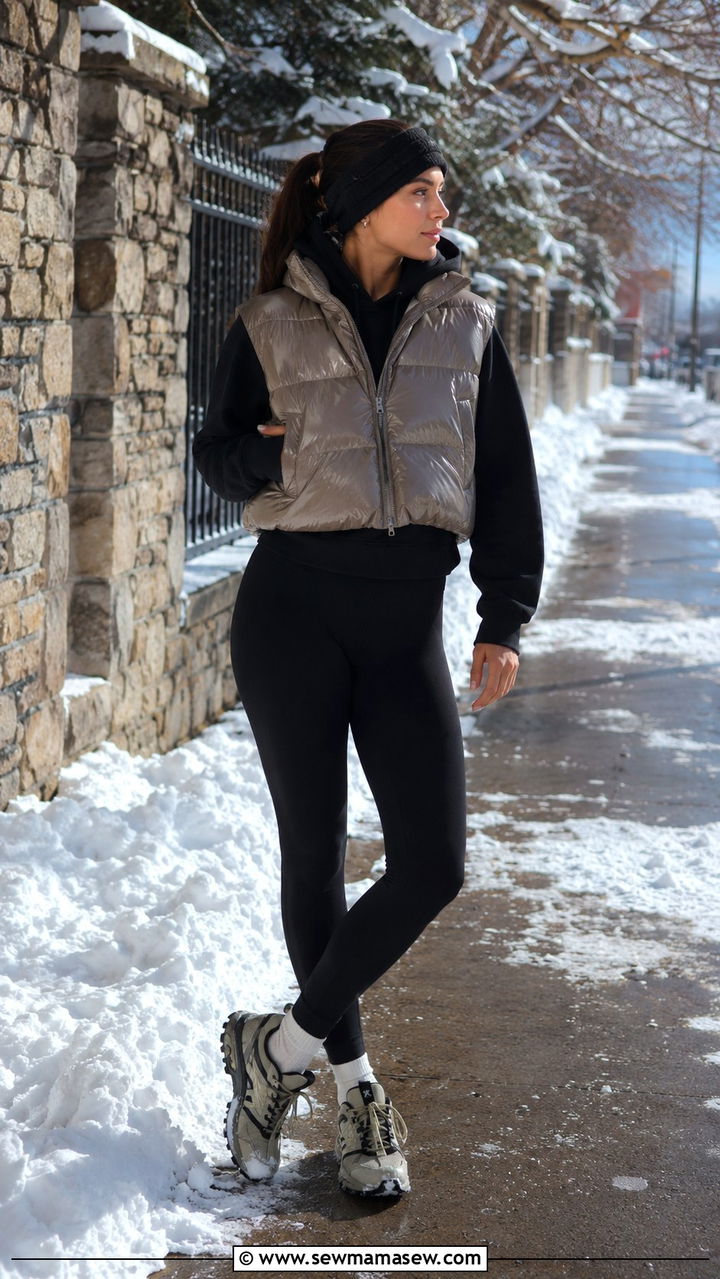 Cropped puffer vest over a hoodie and leggings - 25 Aesthetic gym outfit ideas