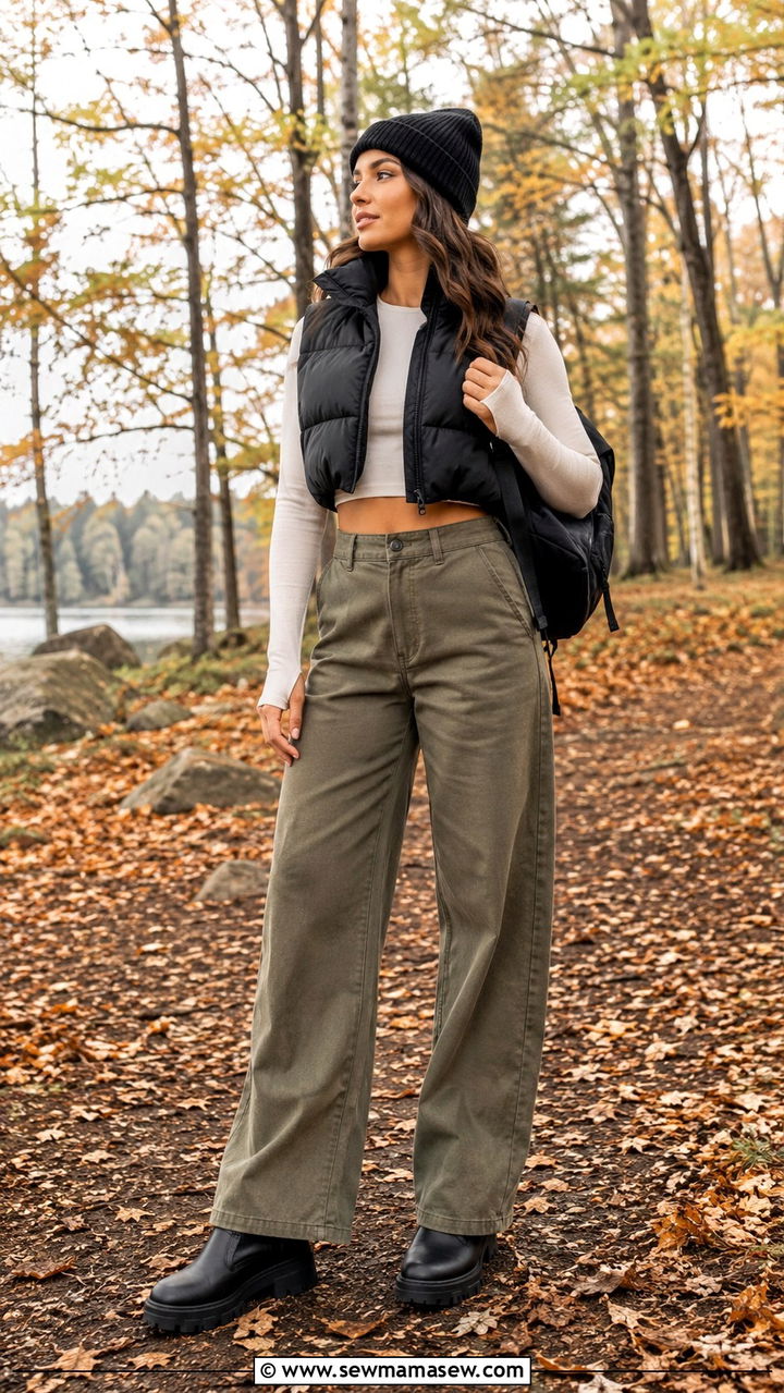 Cropped puffer vest over a long sleeve crop top with wide leg pants - 25 Wide leg pants outfit ideas with a crop top