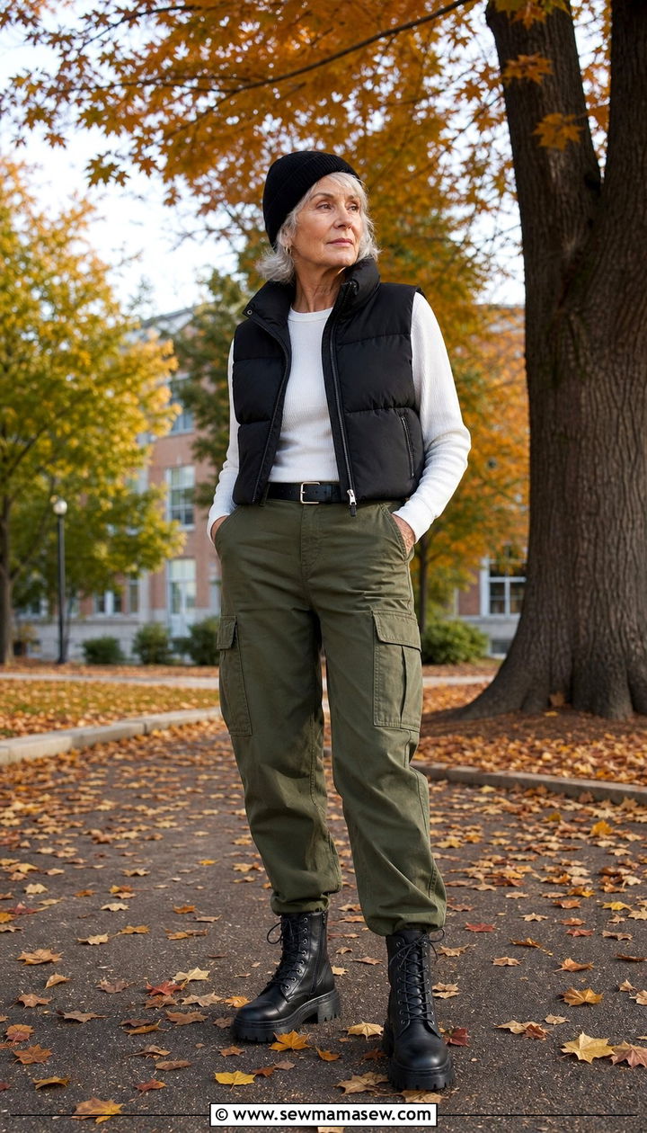 Cropped puffer vest with cargo pants outfit - 35 Back to school outfit ideas 12th grade