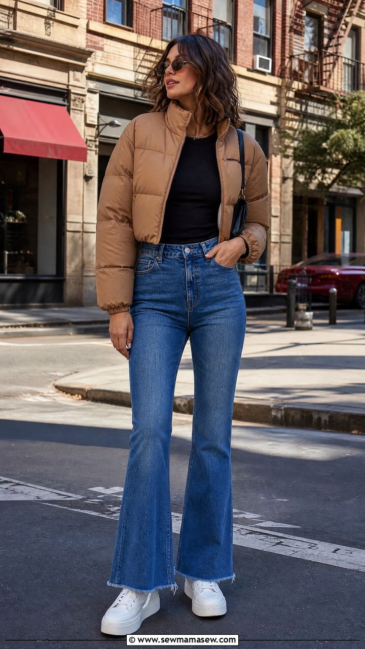 Cropped puffer with high waisted flare jeans and platform sneakers - 25 Spring outfits with puffer jacket