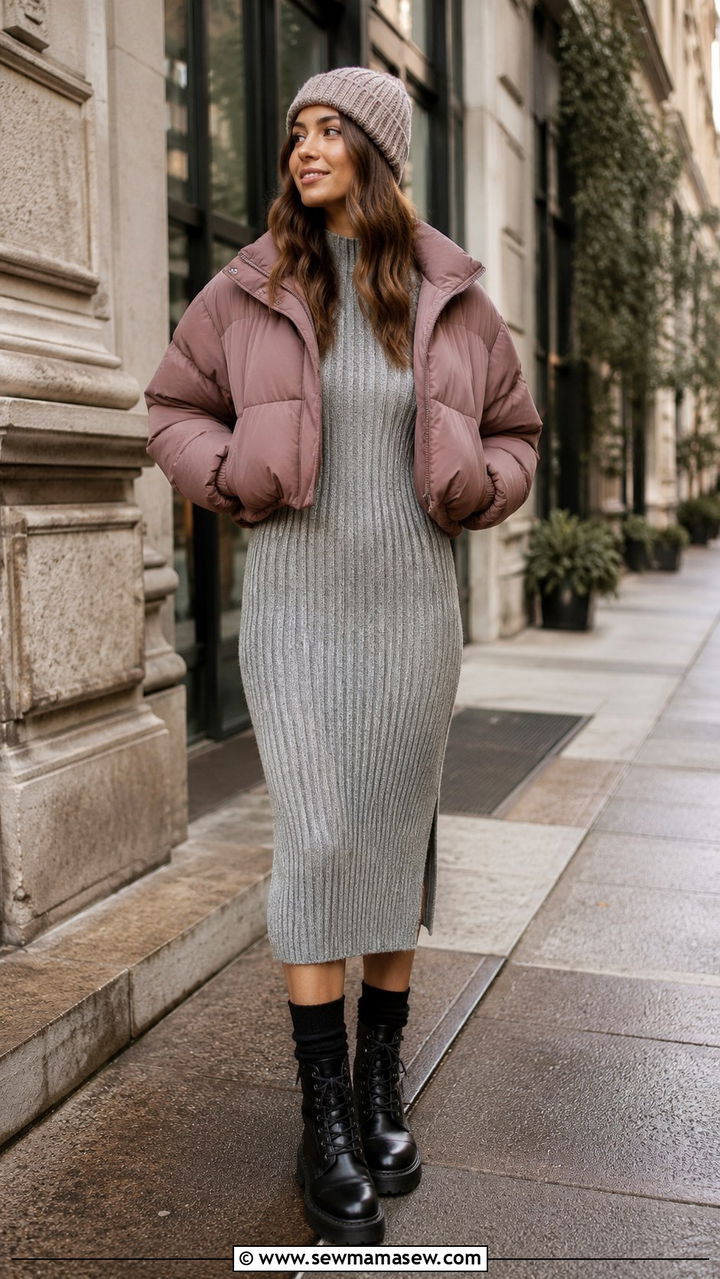 Cropped puffer with knit midi dress and combat boots outfit - 30 In between season outfit ideas
