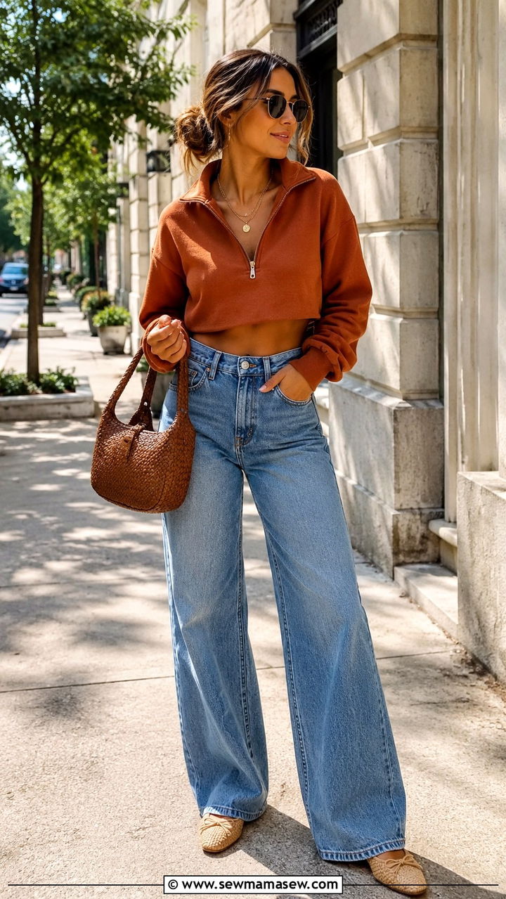 Cropped quarter zip with high waisted wide leg jeans - 30 Quarter zip outfit ideas