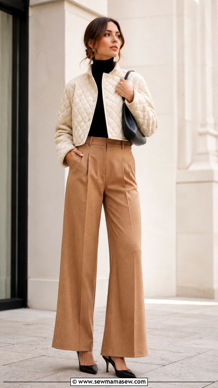 Cropped quilted jacket with high waisted trousers - 25 Old money outfit ideas with quilted jacket