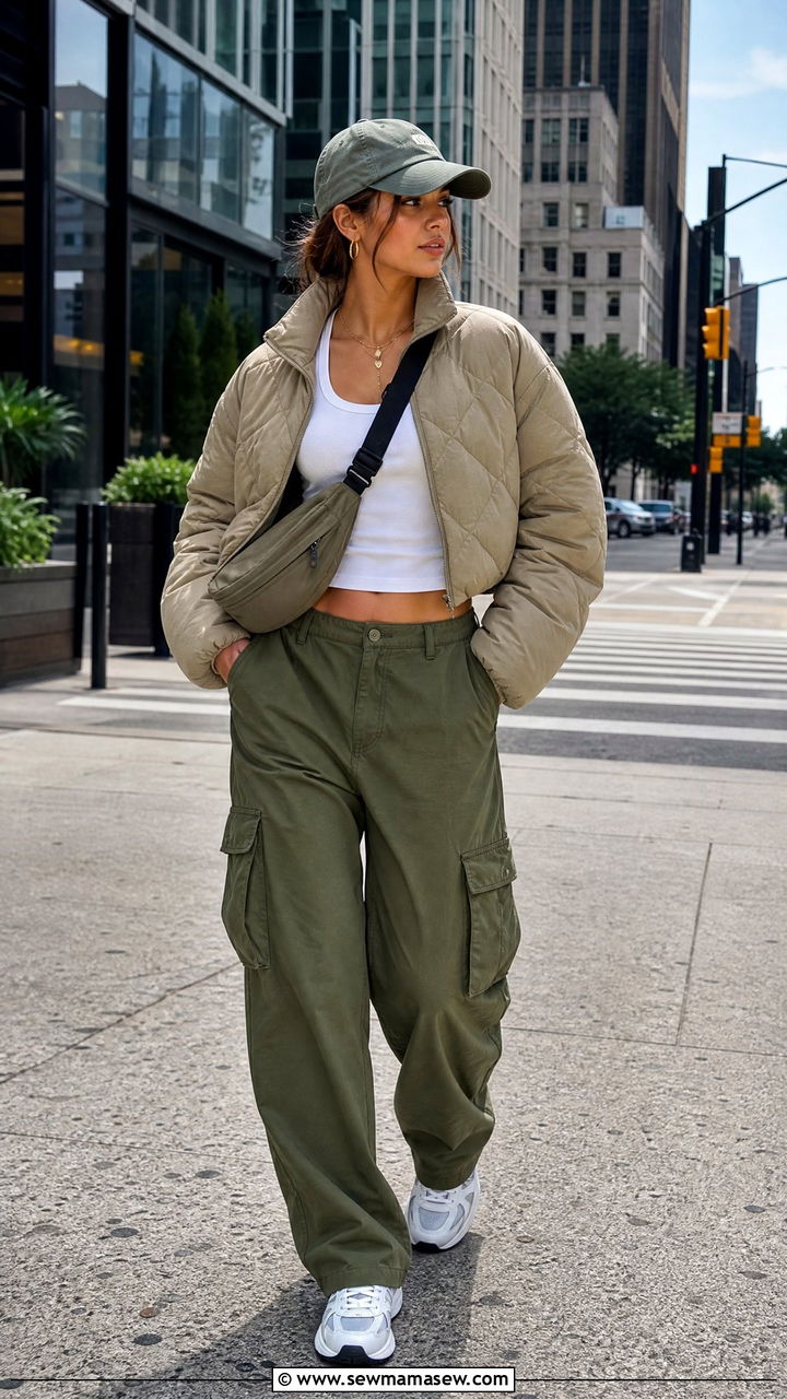 Cropped quilted puffer with cargo pants and dad sneakers - 25 Spring outfits with puffer jacket