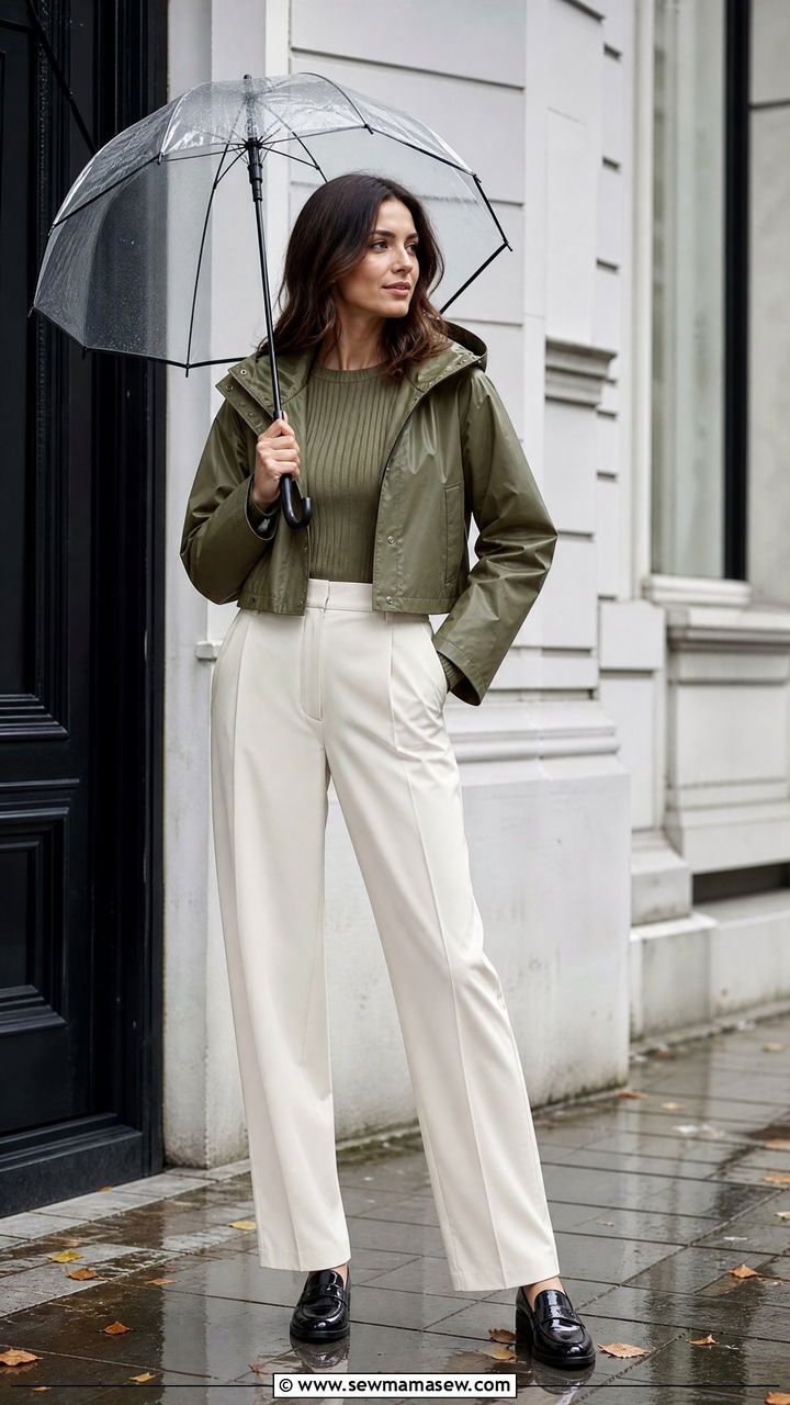 Cropped raincoat with high waisted trousers - 25 spring rainy day outfit ideas
