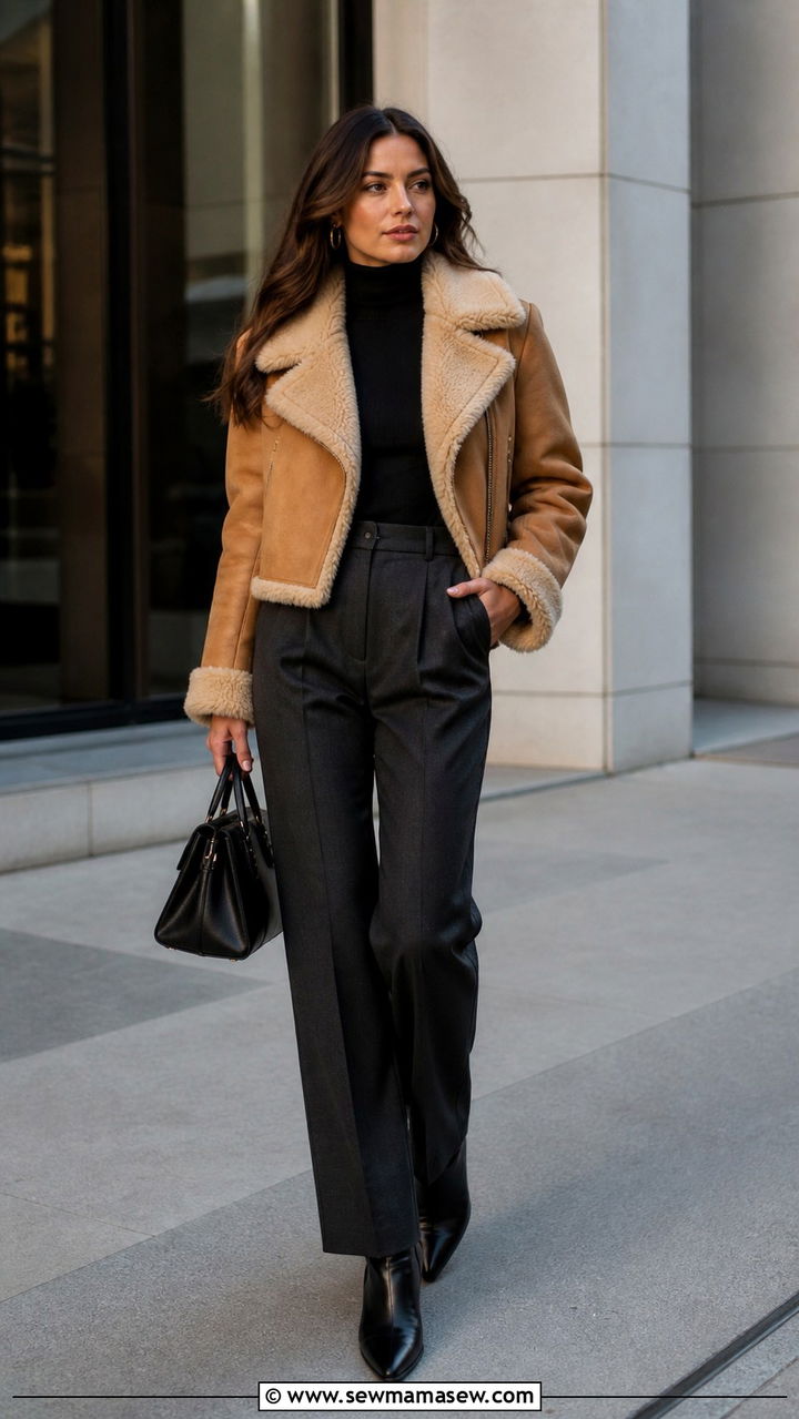 Cropped shearling jacket with high waisted trousers - 40 Shearling coat outfit ideas