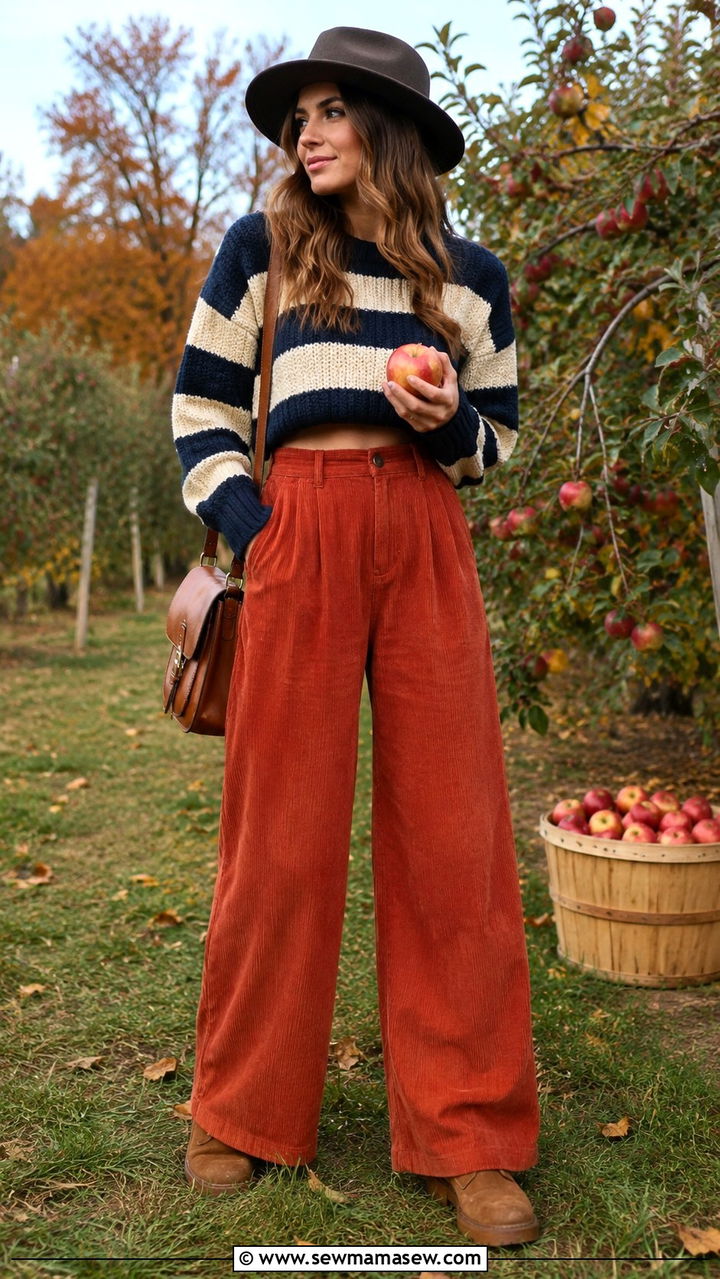 Cropped striped sweater with wide leg corduroy pants and clogs - 25 Wide leg pants outfit ideas with a crop top