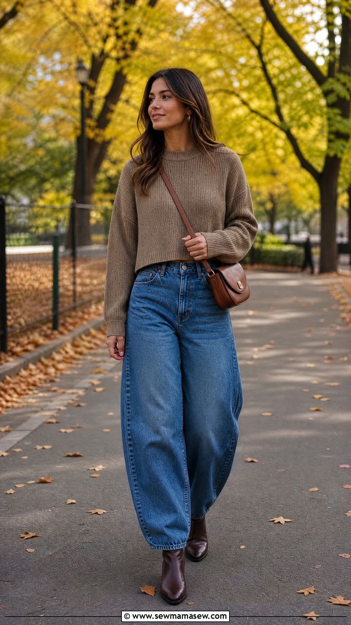 Cropped sweater and ankle boots with barrel leg pants - 25 how to style balloon pants outfits